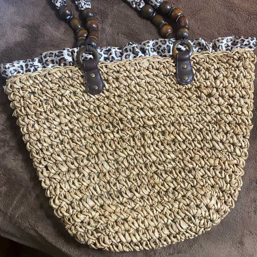 Stylish Tan Woven Women's Bag leopard Print handles